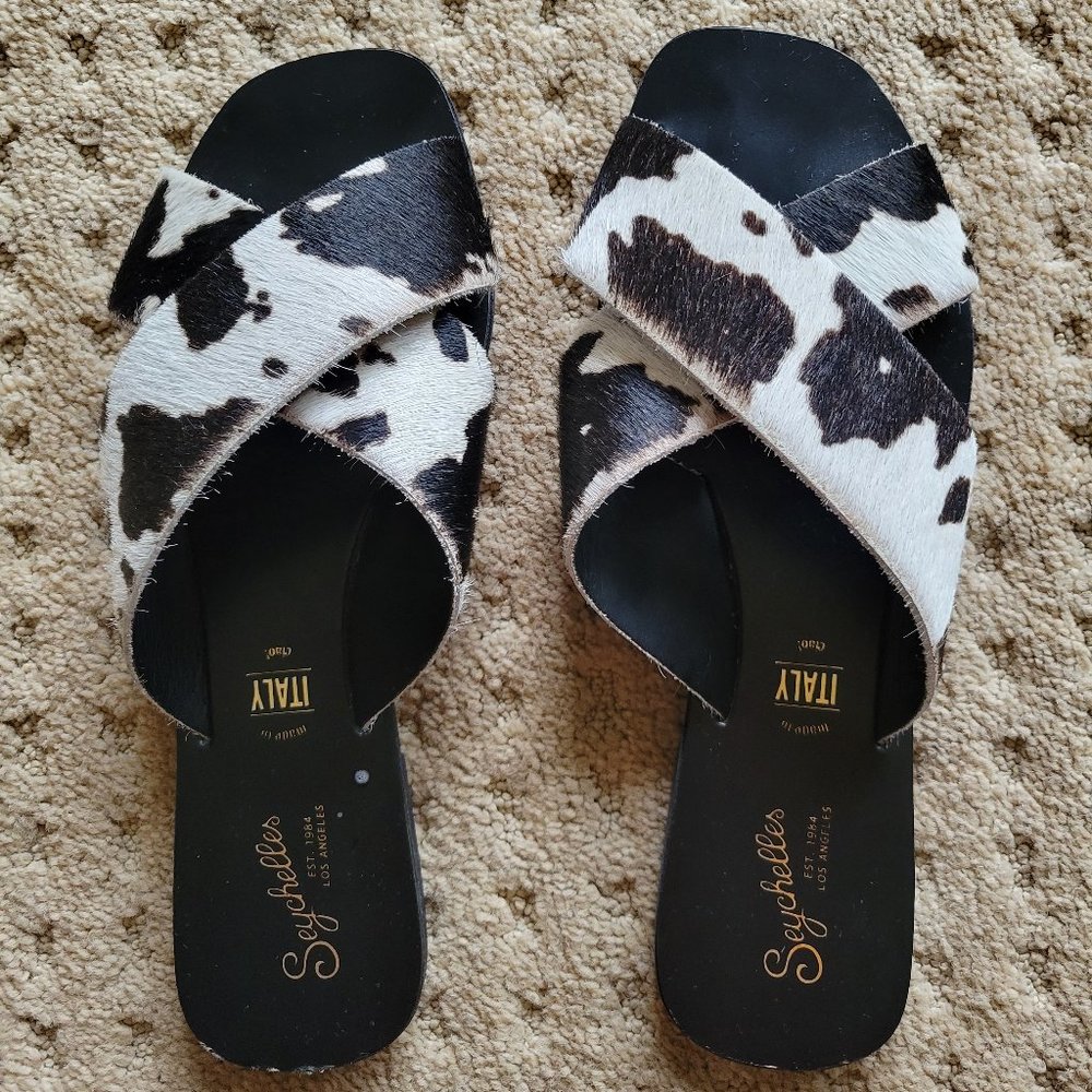 Seychelles Sandals | Seychelles Cow Print Slides | Color: Black Size 8